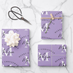 Hoja De Papel De Regalo Monograma morado de Feliz Navidad Personalizado