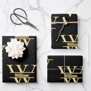 Hoja De Papel De Regalo Monograma negro y dorado   Letra inicial elegante