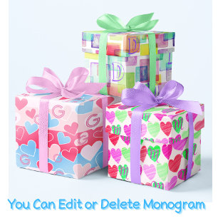 Hoja De Papel De Regalo Monograma Pastel Acuarela Corazón Azul Rosa Elegan