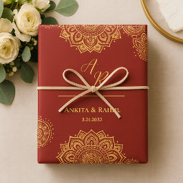 Hoja De Papel De Regalo Monograma Red Gold Mandala Boda indio