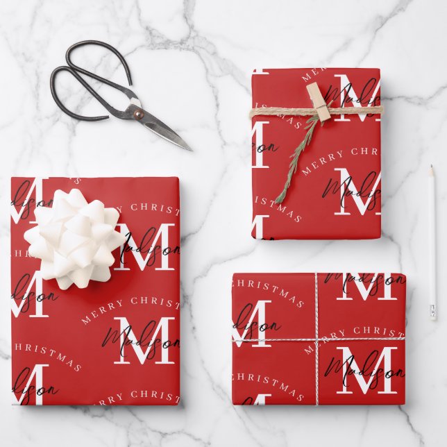 Hoja De Papel De Regalo Monograma rojo navideño personalizado (Anverso)