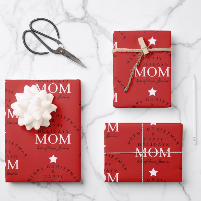 Hoja De Papel De Regalo Monograma rojo navideño personalizado para mamá (Anverso)