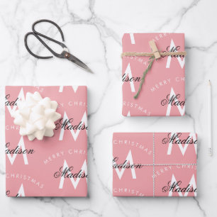 Hoja De Papel De Regalo Monograma rosa Rubor de Feliz Navidad Personalizad