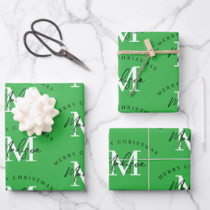 Hoja De Papel De Regalo Monograma Verde Feliz Navidad Personalizado