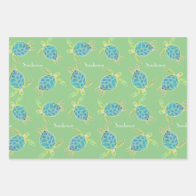 Hoja De Papel De Regalo Monogramada Tortuga marina azul amarillo verde (Anverso)