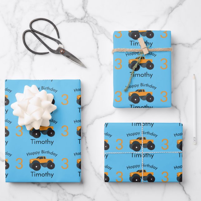 Hoja De Papel De Regalo Monster Truck Naranja Blue Boy's Name & Age (Anverso)