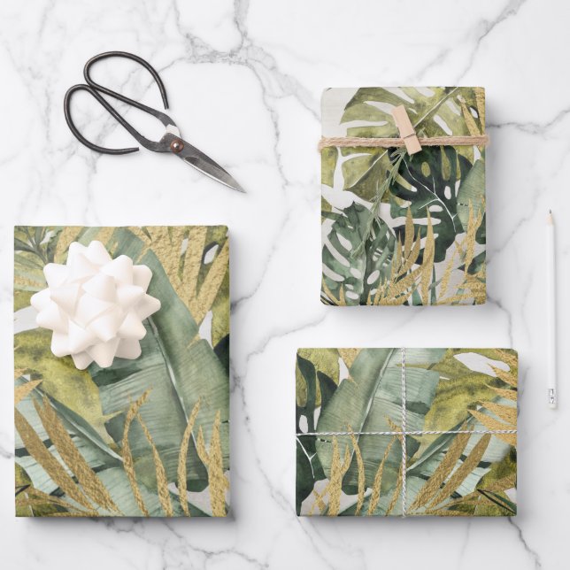 Hoja De Papel De Regalo Monstera Leaf Majesty & Gold Tropical Palms (Anverso)