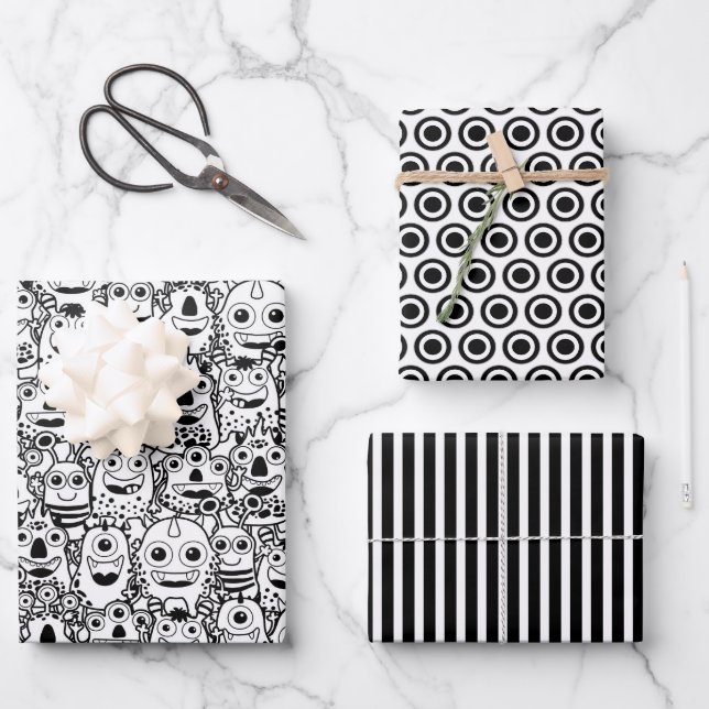 Hoja De Papel De Regalo Monstruos blancos y negros (Anverso)