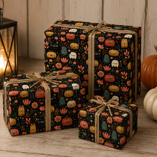 Hoja De Papel De Regalo Monstruos y Calabazas Adorables de Halloween