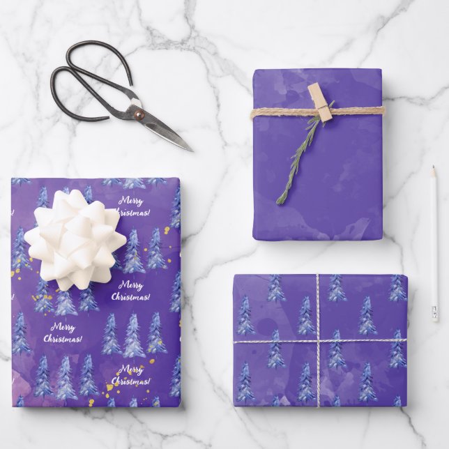 Hoja De Papel De Regalo Morado Árbol de Navidad Golden Snowflakes (Anverso)