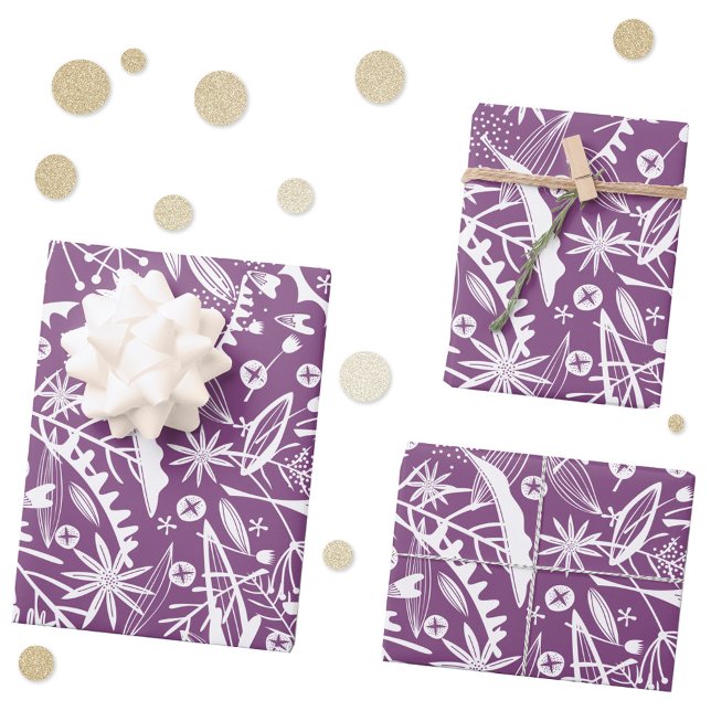 Hoja De Papel De Regalo Morado botánico moderno (Purple and white botanical leaf and flower silhouette pattern gift wrapping paper )