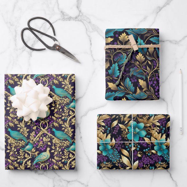 Hoja De Papel De Regalo Morado Damask Floral (Anverso)