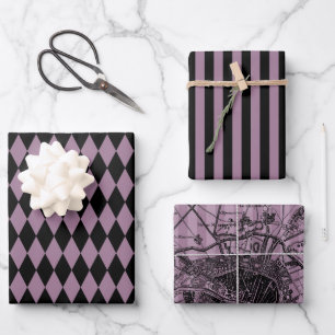 Hoja De Papel De Regalo Morado oscuro y negro con tema de París