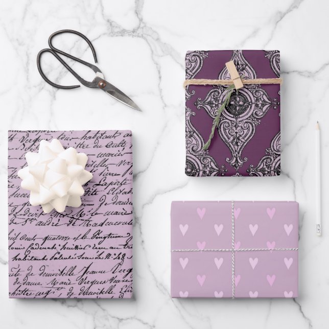 Hoja De Papel De Regalo Morado oscuro y negro con tema de París (Anverso)