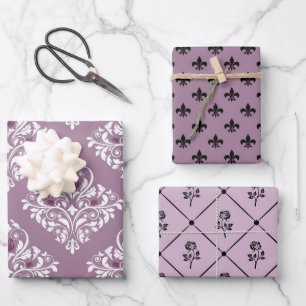 Hoja De Papel De Regalo Morado oscuro y negro con tema de París