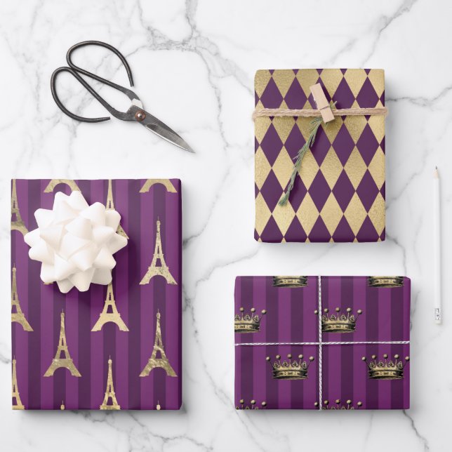Hoja De Papel De Regalo Morado y oro París temática (Anverso)