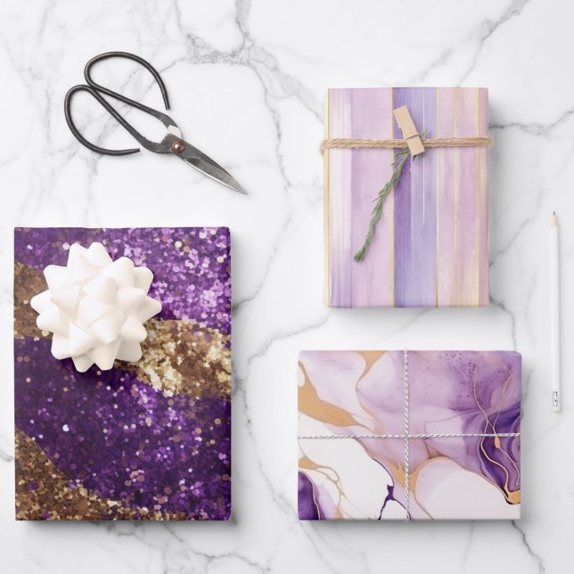 Hoja De Papel De Regalo Morple Gold Sparkle Purpurina Girly Stripes Cumple (Anverso)