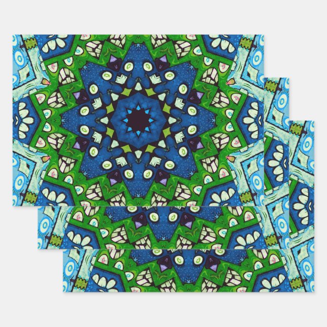 Hoja De Papel De Regalo Mosaic Blue Green Hippie Boho Mandala (Set)