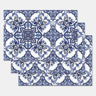 Hoja De Papel De Regalo Mosaico mallico italiano azul y blanco siciliano