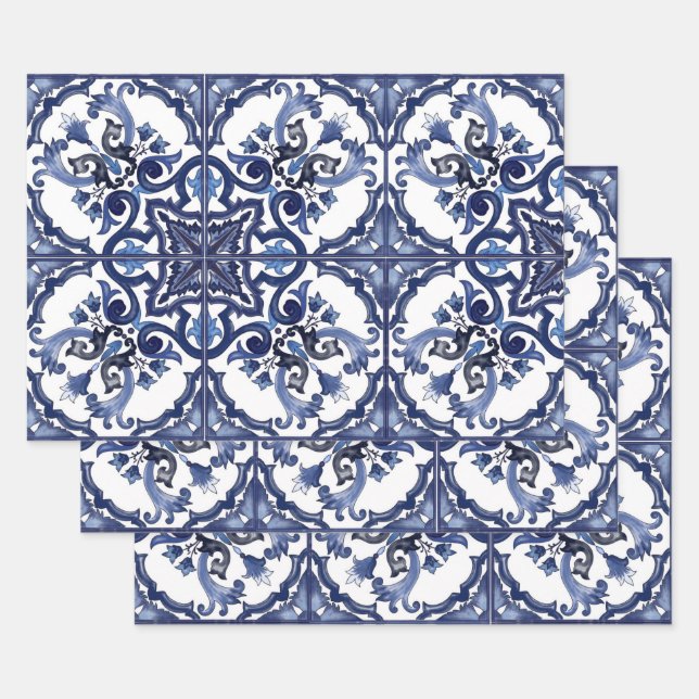 Hoja De Papel De Regalo Mosaico mallico italiano azul y blanco siciliano (Set)