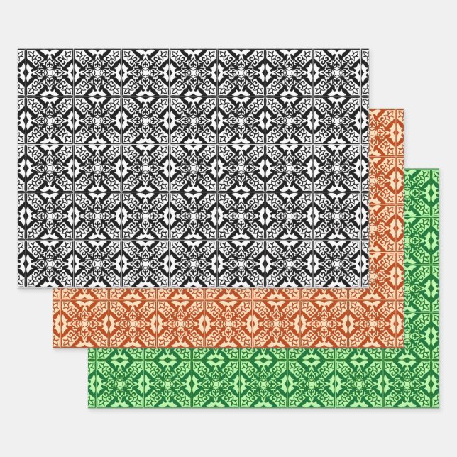 Hoja De Papel De Regalo Mosaico marroquí, negro/blanco, Naranja, verde jad (Set)