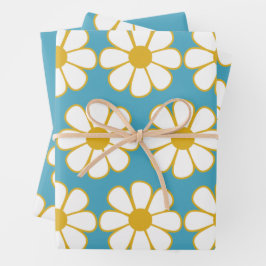 Hoja De Papel De Regalo Mostaza del patrón de margarita floral retro y azu