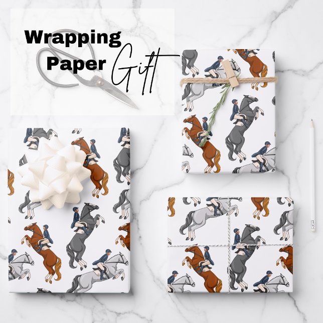 Hoja De Papel De Regalo Mostrar salto a caballo (exquisite sheets featuring three majestic horses performing show jumping in different colors)