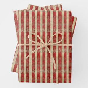 Hoja De Papel De Regalo Motivos Afligidos en Rayas Rojas y Marfil