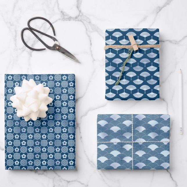 Hoja De Papel De Regalo Motivos azules serenos: fans, ondas y diseño geomé (Anverso)