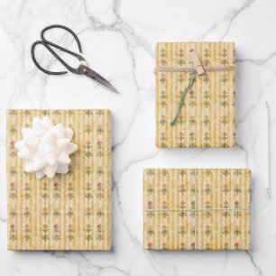 Hoja De Papel De Regalo Motivos florales en rayas amarillas
