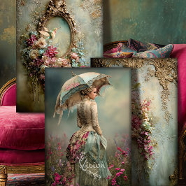 Hoja De Papel De Regalo Mujer Barroca Francesa, Pájaro y Floral, Arte a Ju