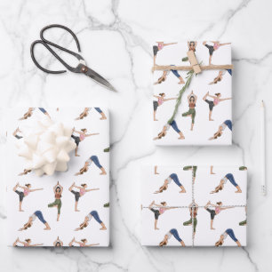 Hoja De Papel De Regalo Mujeres en Posturas de Yoga Patrón Colorido de Eje