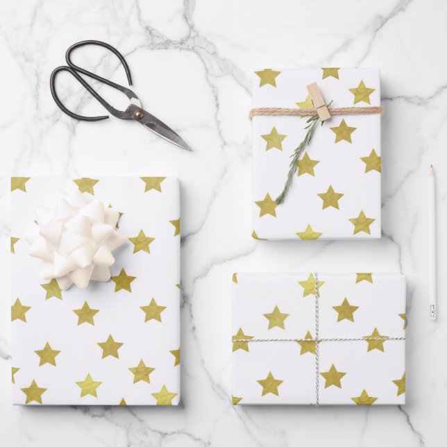 Hoja De Papel De Regalo Múltiples estrellas doradas sobre fondo blanco (Anverso)