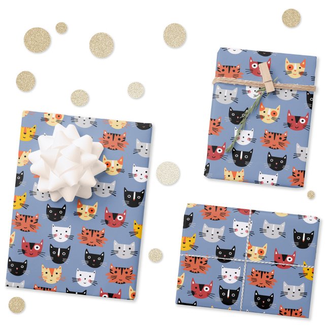 Hoja De Papel De Regalo Múltiples gatos gitanos con un patrón suave azul (Fun kitty cat pattern gift wrap paper sheets)