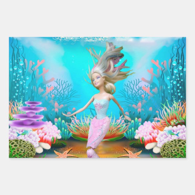 Hoja De Papel De Regalo Muñeca famosa vestida como sirena (Anverso)