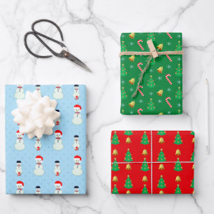 Hoja De Papel De Regalo Muñeco de nieve, árbol de Navidad, campanas y copo