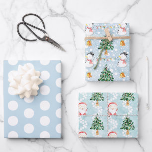 Hoja De Papel De Regalo Muñeco de nieve blanco azulado Santa Claus lunares