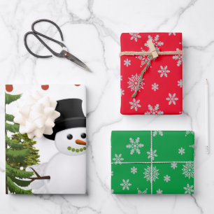Hoja De Papel De Regalo Muñeco de nieve con copo de nieve multicolor