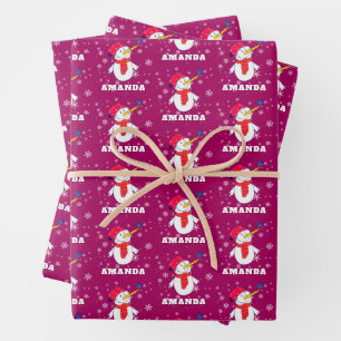 Hoja De Papel De Regalo Muñeco de nieve lindo con copos de nieve Navidad p