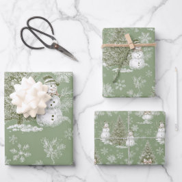 Hoja De Papel De Regalo Muñeco de nieve y árboles de Navidad en Toile Verd