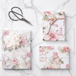 Hoja De Papel De Regalo Muñeco de nieve y flores de Navidad vintage rosa