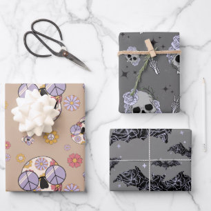 Hoja De Papel De Regalo Murciélago de cráneo floral hippie Halloween vinta