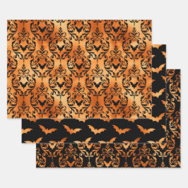 Hoja De Papel De Regalo Murciélago dorado y negro de Halloween en damasco