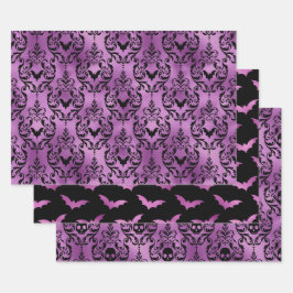 Hoja De Papel De Regalo Murciélago Morado Morado y Calavera Damask de Hall