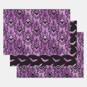 Hoja De Papel De Regalo Murciélago Morado Morado y Calavera Damask de Hall