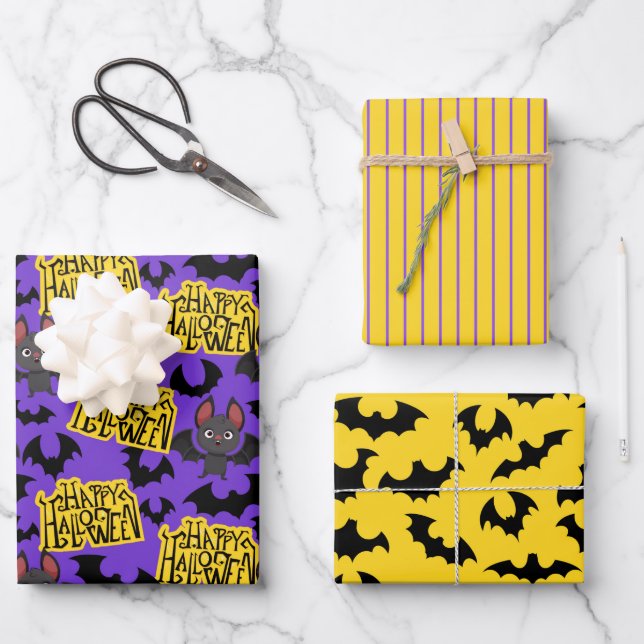 Hoja De Papel De Regalo Murciélagos y letras de Halloween (Anverso)