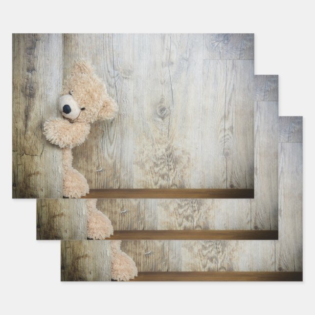 Hoja De Papel De Regalo Muro De Madera Rústica De Oso Cutáneo Con Oso (Set)