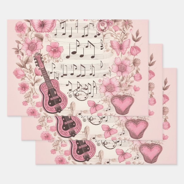 Hoja De Papel De Regalo Music Notes and Flowers Retro Style (Set)