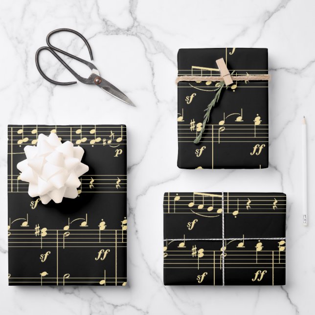 Hoja De Papel De Regalo Música dorada en negro (Anverso)