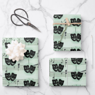 Hoja De Papel De Regalo Música verde y máscaras griegas de teatro